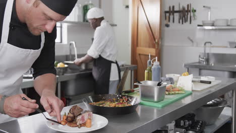 Two-diverse-male-chefs-preparing-meals-in-kitchen,-slow-motion