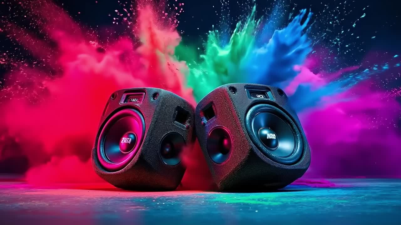 un par de altavoces sentados en la parte superior de una mesa