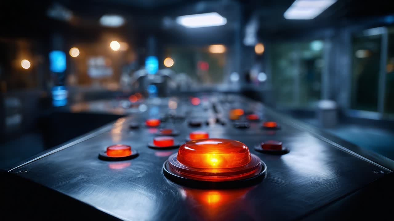 Un pannello di controllo high-tech con pulsanti illuminati in un ambiente futuristico, che mostra colori variabili che indicano lo stato del sistema e le possibilità di interazione
