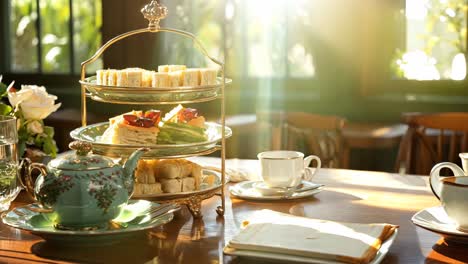 afternoon tea with sandwiches served in a sunlit room