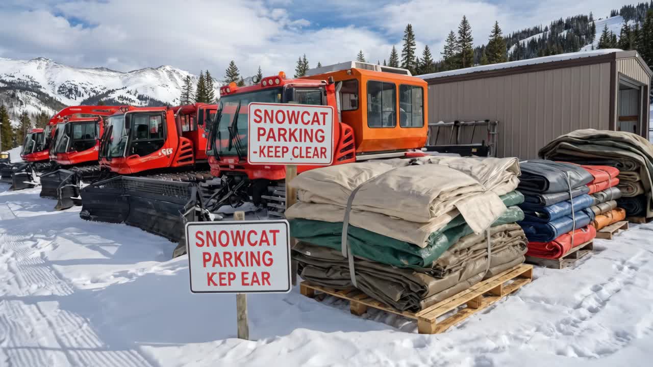 Red Snowcats Parked in Snowy Mountain Landscape
