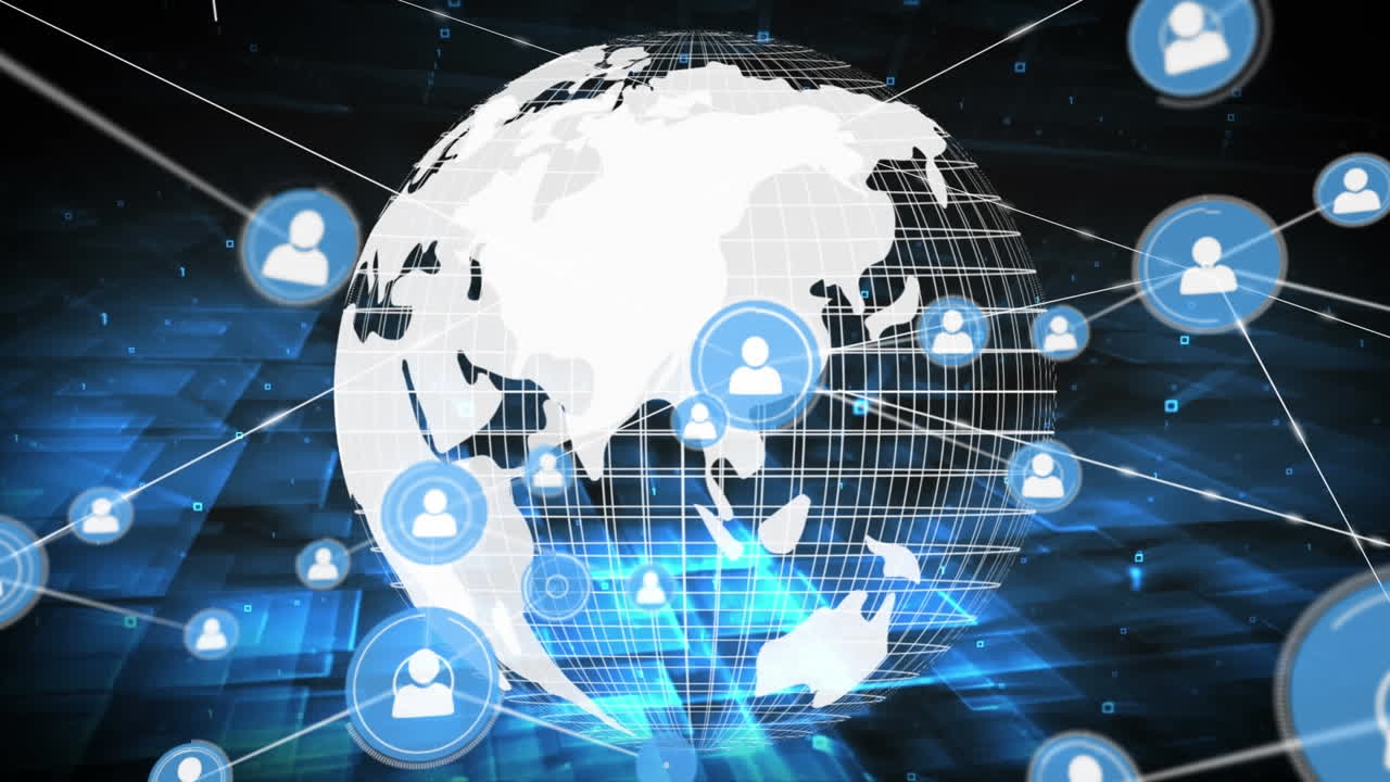 연결된 아이콘의 애니메이션, 조명 된 추상적인 배경 위에 문자를 가진 격자 패턴 지구