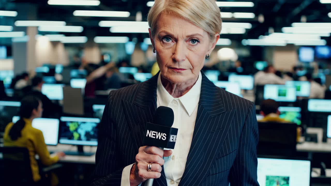 Senior News Reporter Delivering a Broadcast in a Newsroom