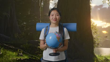 산악 배을 들고 세계 지구를 손에 들고 숲의 자연을 탐험하는 동안 카메라에 미소 짓는 아시아 여성 하이커