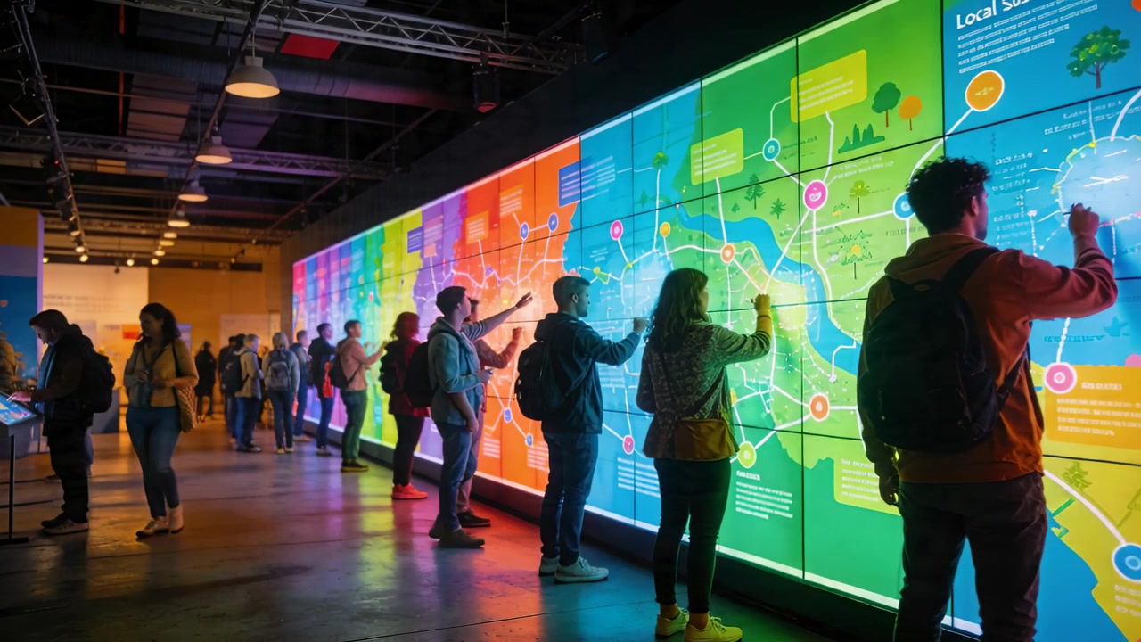 Des visiteurs arrivant font la queue et touchent une carte interactive multi-panneaux dans une galerie, explorant des itinéraires avec leurs sacs.