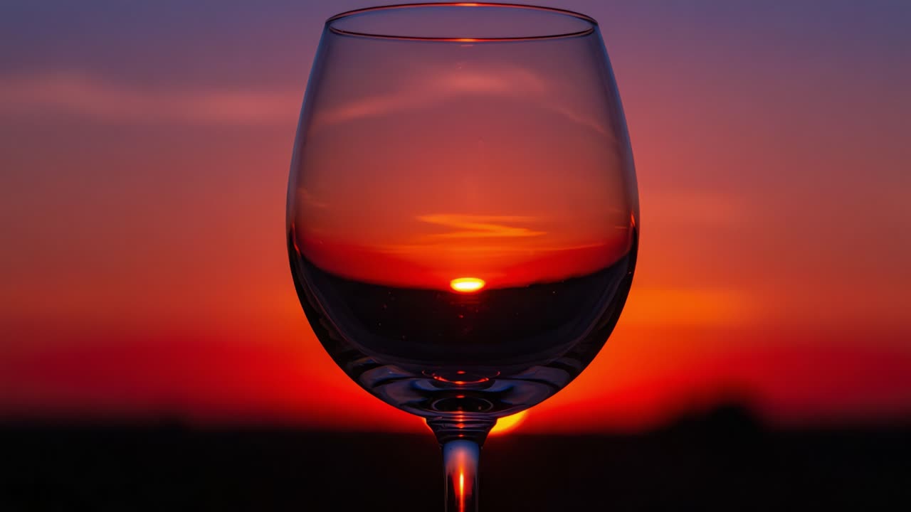 En fængslende solnedgang spejlet i et vinglas, der fremviser skumringens smukke, levende farver mod en rolig horisont.