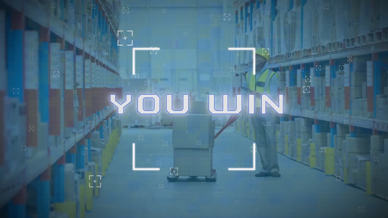 여러분이 뷰파인더에서 텍스트를 이기는 애니메이션, 백인 남자가 창고에 카드보드 상자를 놓고