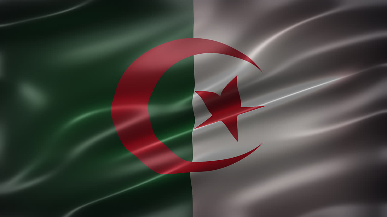 La bandiera nazionale dell'Algeria, a pieno campo, vista frontale, lucida, svolazzante, elegante texture setosa, che sventola al vento, animazione CG 4K realistica, raffinata, aspetto cinematografico, ripetibile in loop senza interruzioni