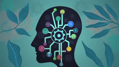 Animation-of-leaves-and-human-head-model-with-icons-and-gears-on-green-background