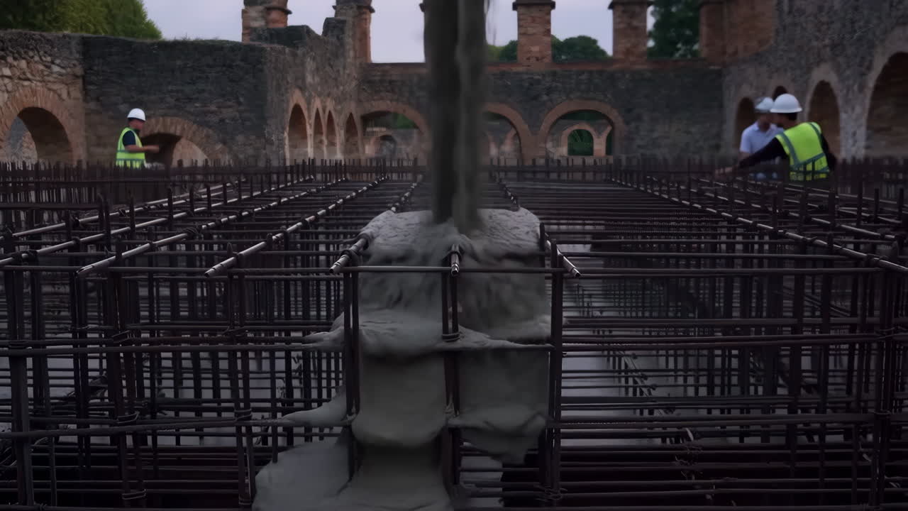 Concrete Pouring onto Rebar Framework at a Construction Site with Workers