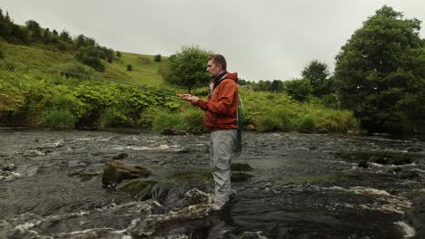 close-up shot of a flyfisherman casting trying to catch brown trout