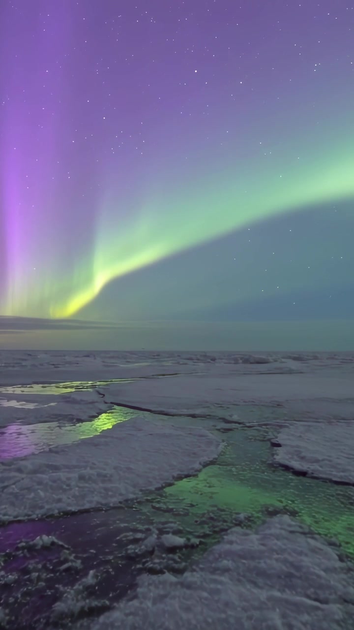 Video verticale: Fasce aurorali luminose che si inarcano su una costa ghiacciata di notte, brillando su pozze d'acqua di disgelo.
