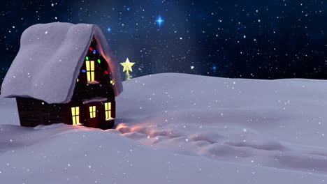 Snow-falling-over-house-on-winter-landscape-against-blue-shining-stars-in-night-sky