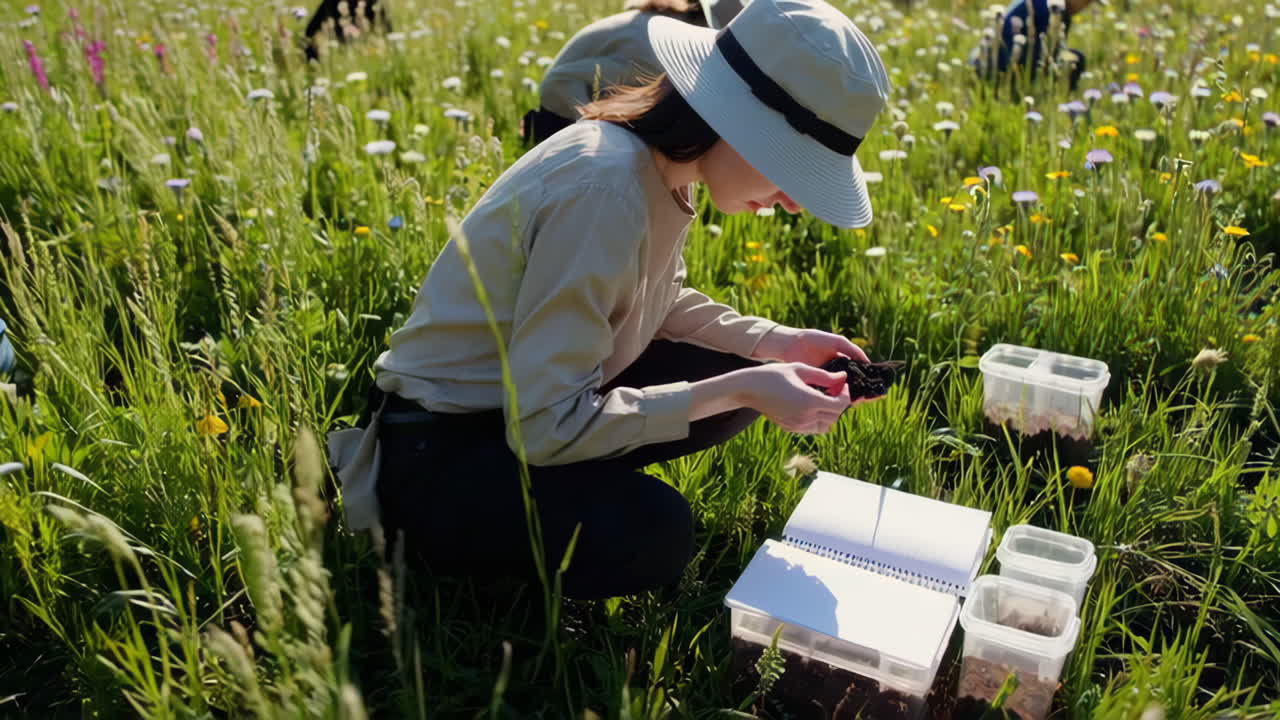 Scientists Conducting Soil Sampling in a Grassland Ecosystem