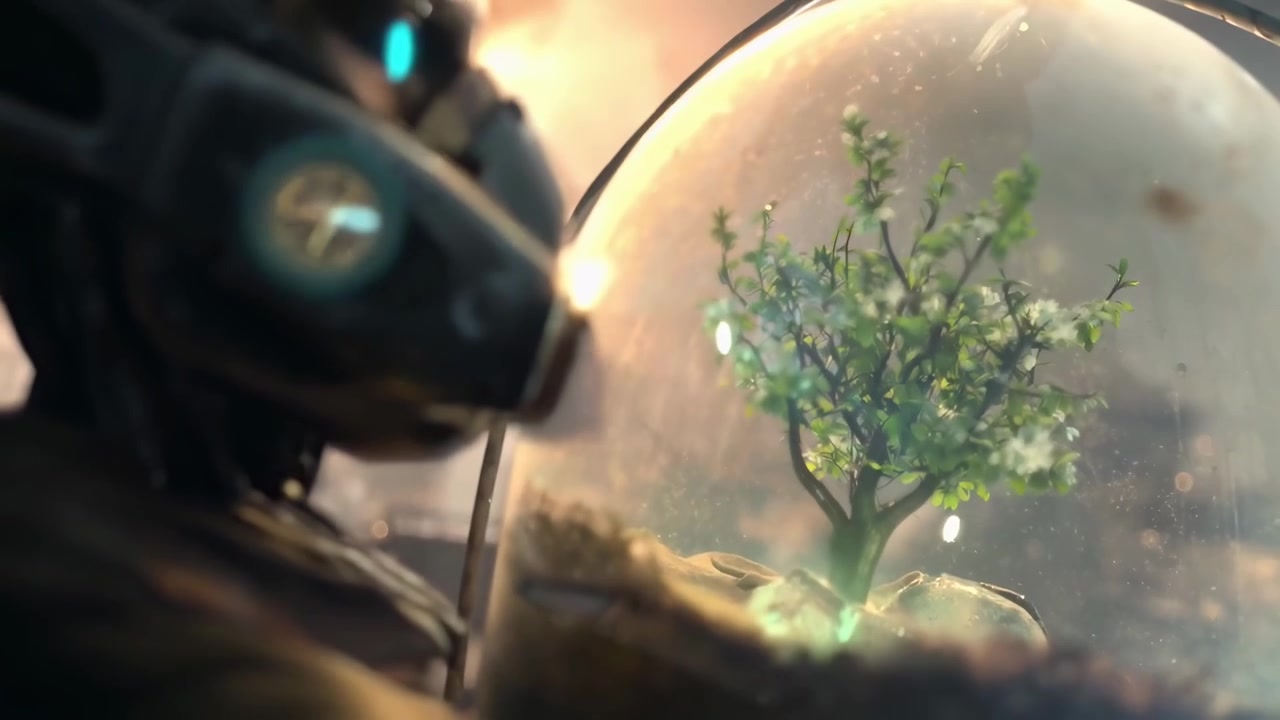 Cyborg Draagt een Kleine Boom in een Glazen Koepel Door een Verwoeste Stad