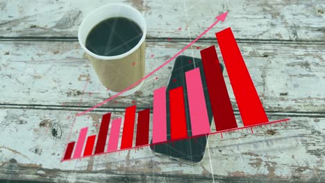 animación del procesamiento de datos estadísticos contra el teléfono inteligente y la taza de café en superficie de madera