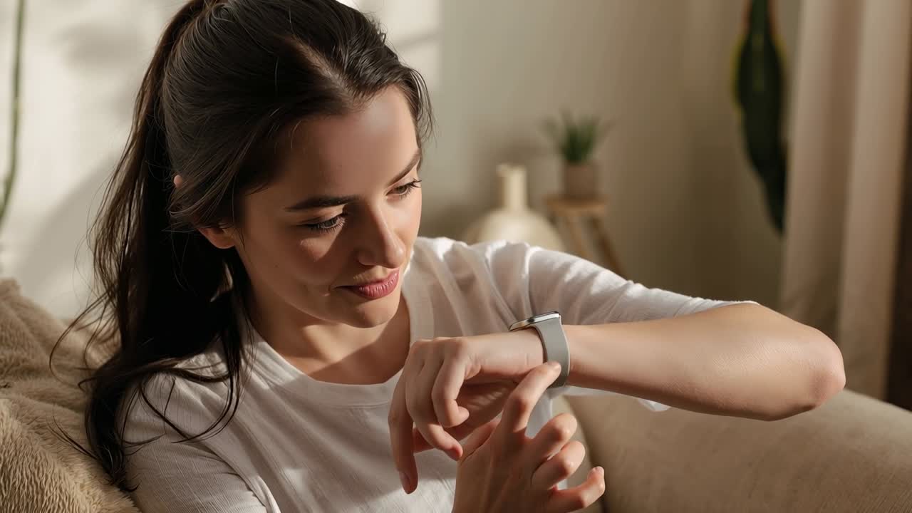 Video vertical: Mujer con camiseta blanca, mirando su reloj inteligente, tocando y deslizando la pantalla en el sofá de casa, sonriendo.