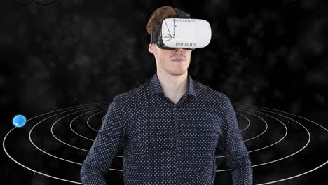 Animation-of-businessman-wearing-vr-headset-over-equations-and-solar-system