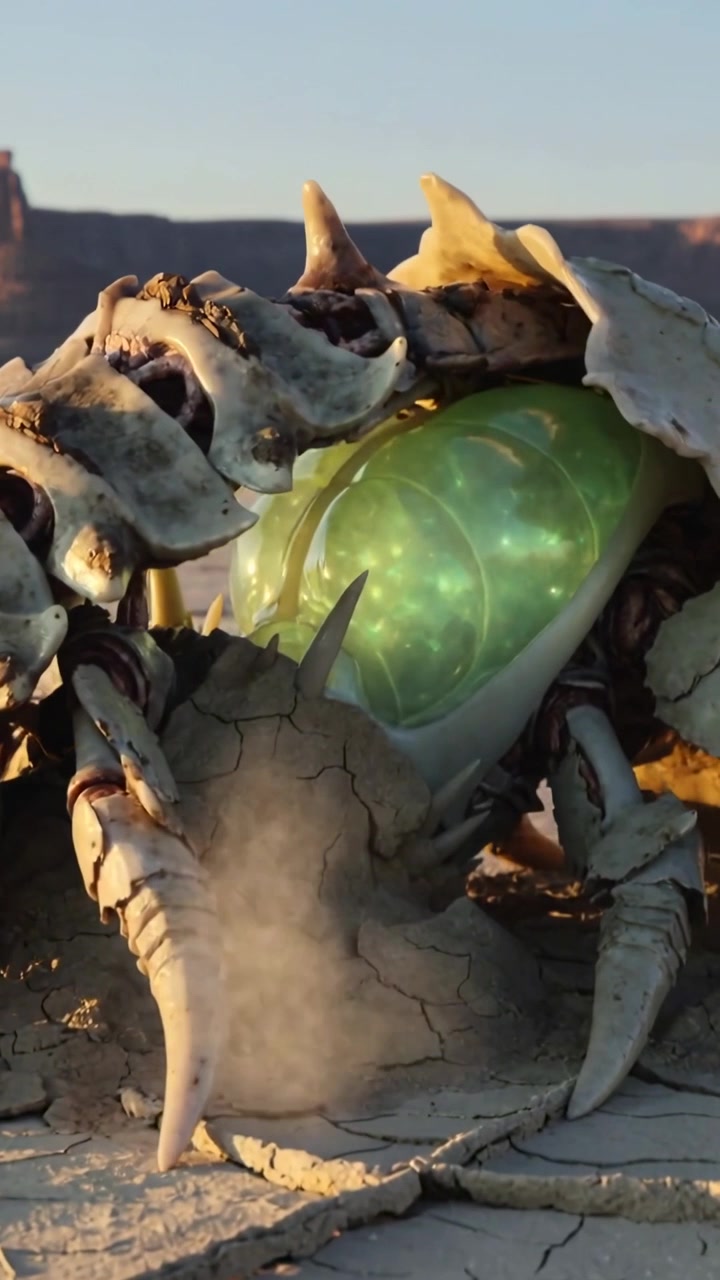 Vertical video: Pulsing glowing sac causing huge shelled beast pushing and bracing on canyon floor