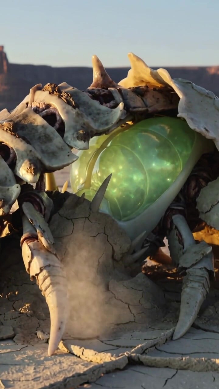 Vertical video: Pulsing glowing sac causing huge shelled beast pushing and bracing on canyon floor