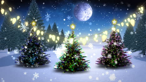 animación de nieve cayendo sobre el árbol de navidad paisaje de invierno