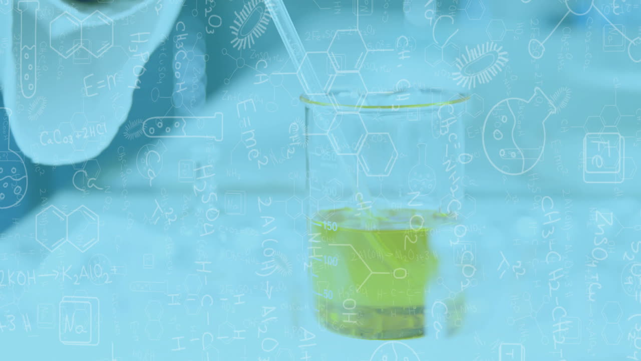 Animation of mathematical equations over beaker with liquid in lab