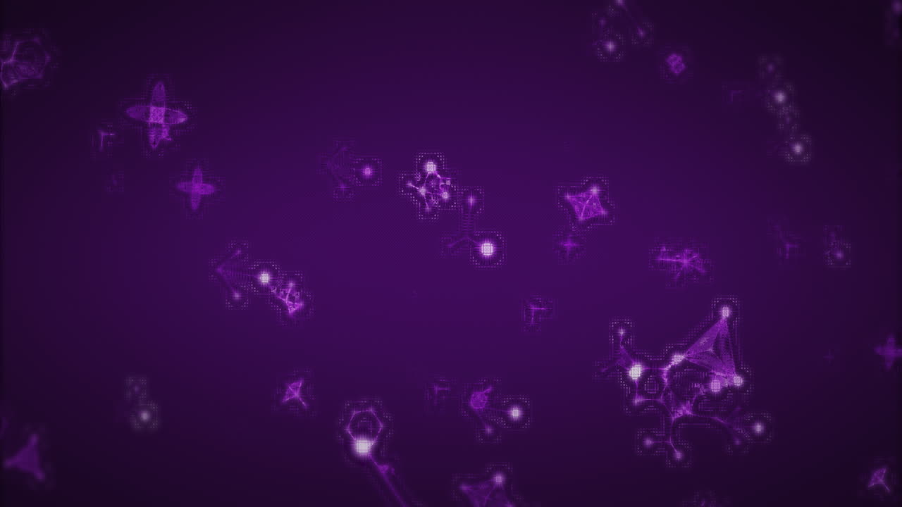 Animazione di molteplici molecole 3D viola luminose