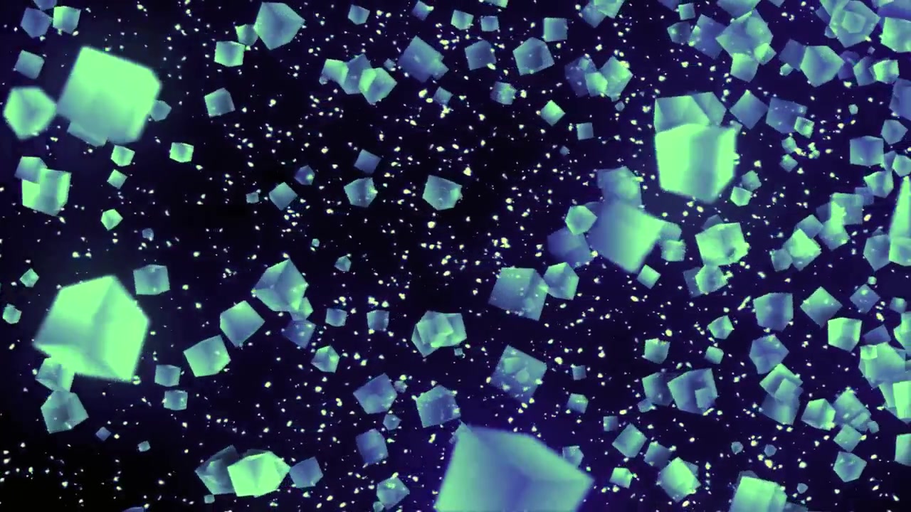Fundo Abstrato Dinâmico com Cubos Verdes Brilhantes e Partículas Cintilantes