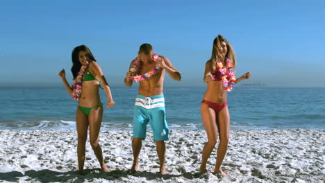 grupo de amigos bailando con un collar hawaiano