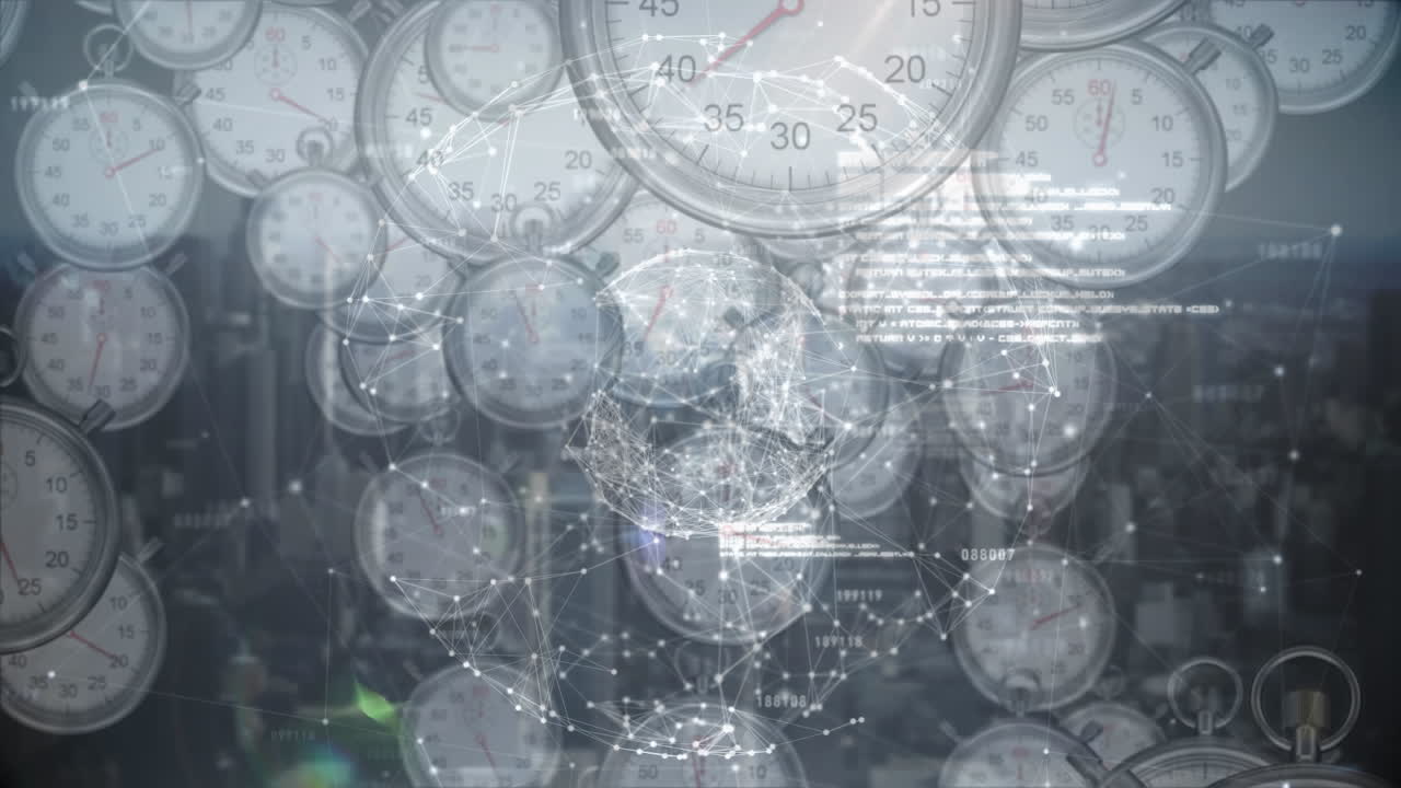 연결 네트워크의 애니메이션과 여러 시계에 걸쳐 데이터 처리가 빠르게 움직입니다.