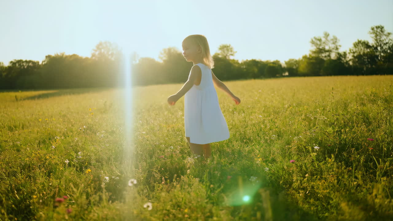 Girl in white dress in a sunny meadow