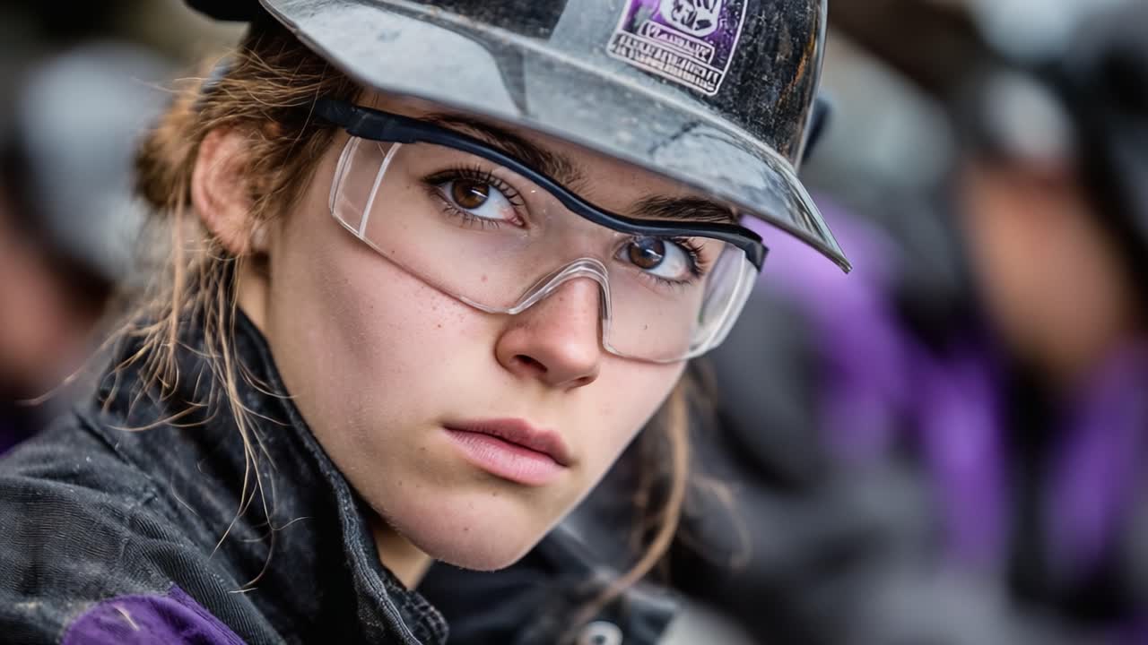 Focused Resilience: A Close-Up Portrait of a Determined Young Woman in Safety Gear Demonstrating Strength and Grit in a Challenging Environment