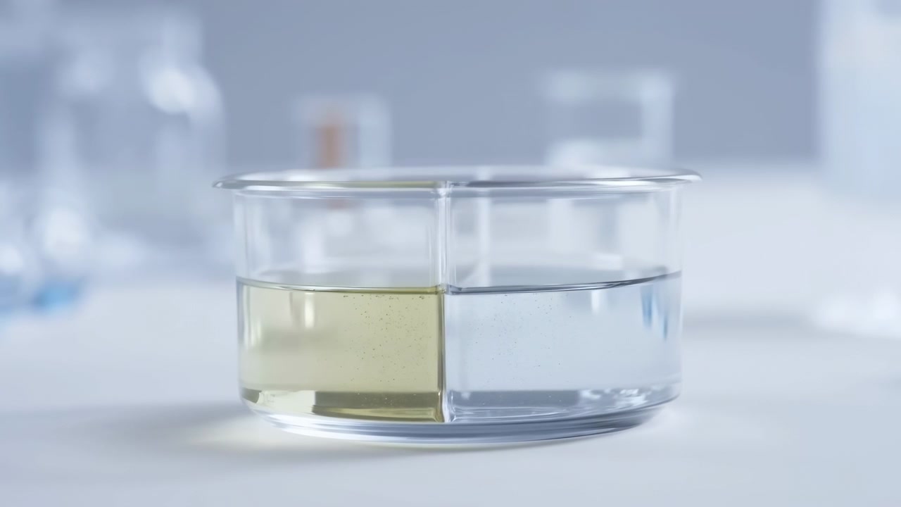 Primo piano di un becher di vetro trasparente diviso, centrato in primo piano su un tavolo bianco lucido all'interno di un laboratorio leggermente sfocato.