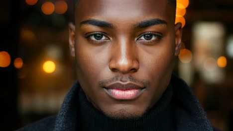 a man in a black turtle neck sweater and a black coat