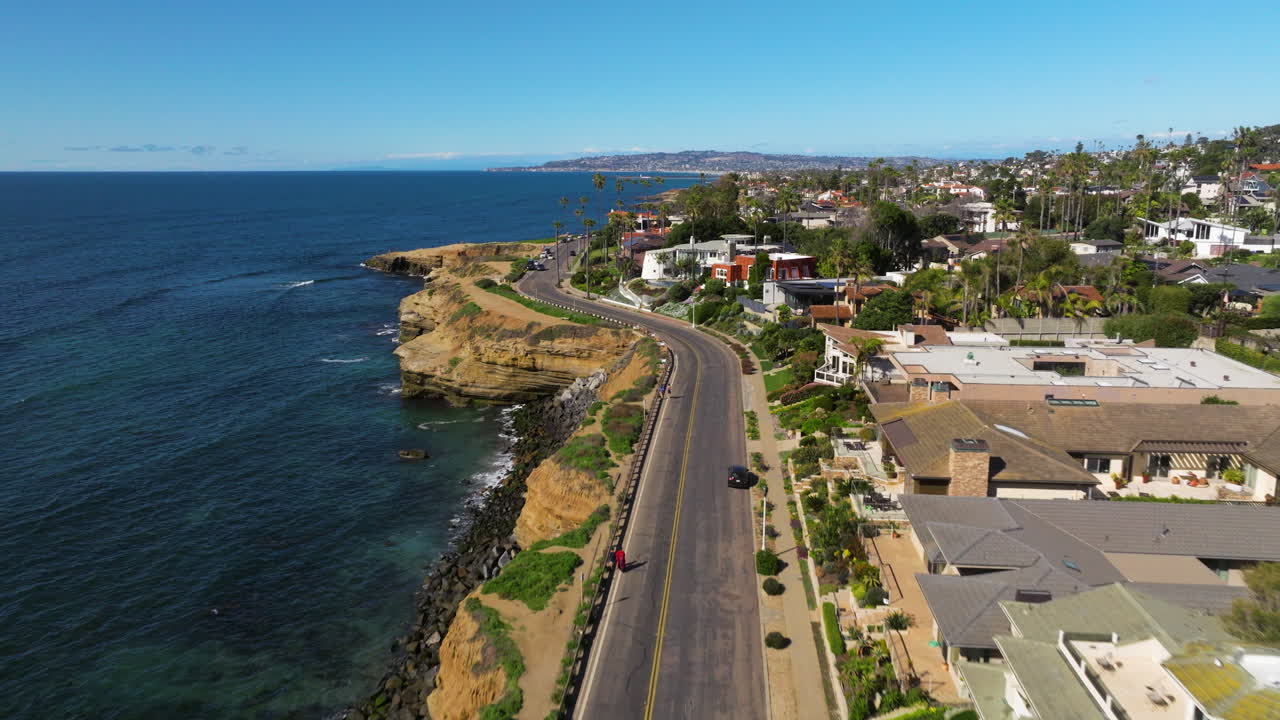 Fly Over Sunset Cliffs Boulevard Scenic Coastal Road In San Diego, California, United States. Aerial Drone Shot