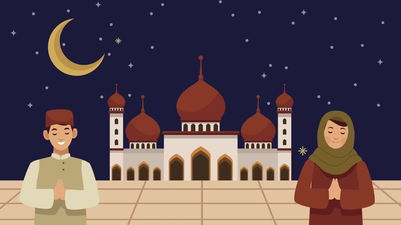 animación de eid mubarak con musulmanes y mezquita