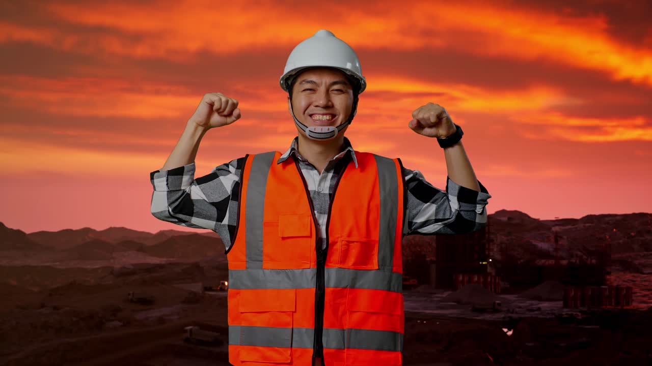 trabajador de la construcción feliz al atardecer