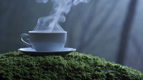 a cup of coffee on mossy ground in a misty forest
