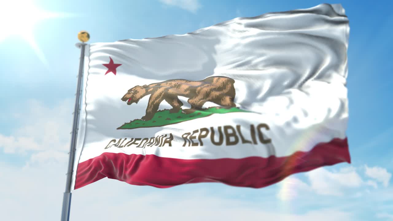 Illustrazione 4k 3D della bandiera sventolante su un'asta dello stato della California negli Stati Uniti d'America