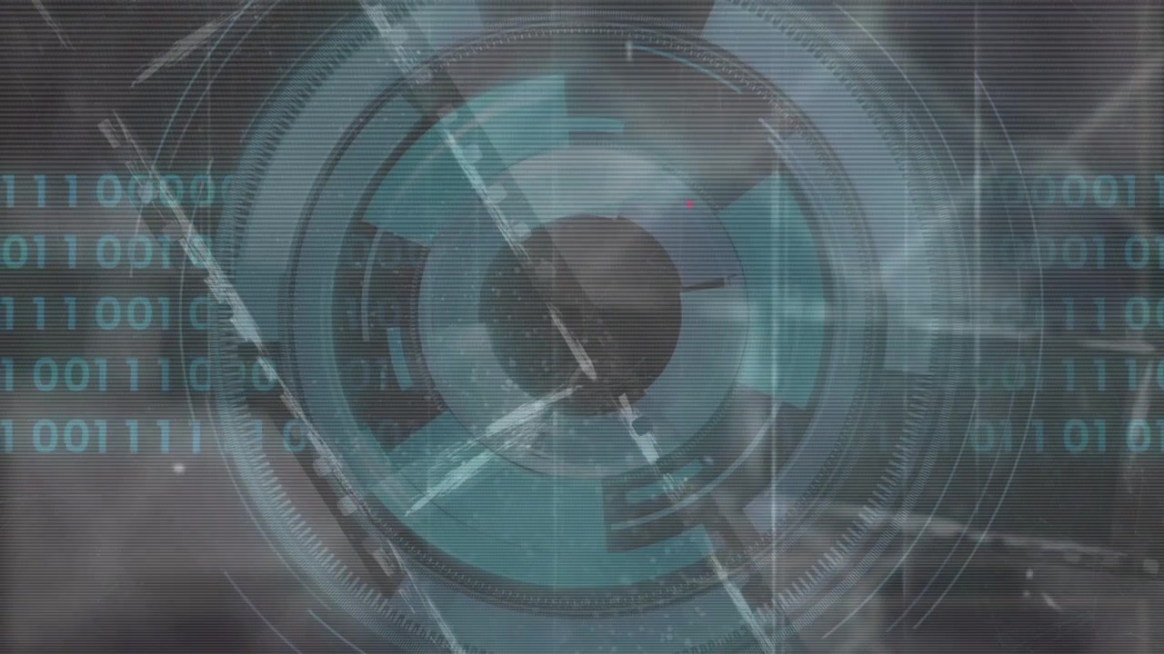 Cyan dot popping, growing triggers teal HUD forming, rings rotating, strip sweeping, revealing bits