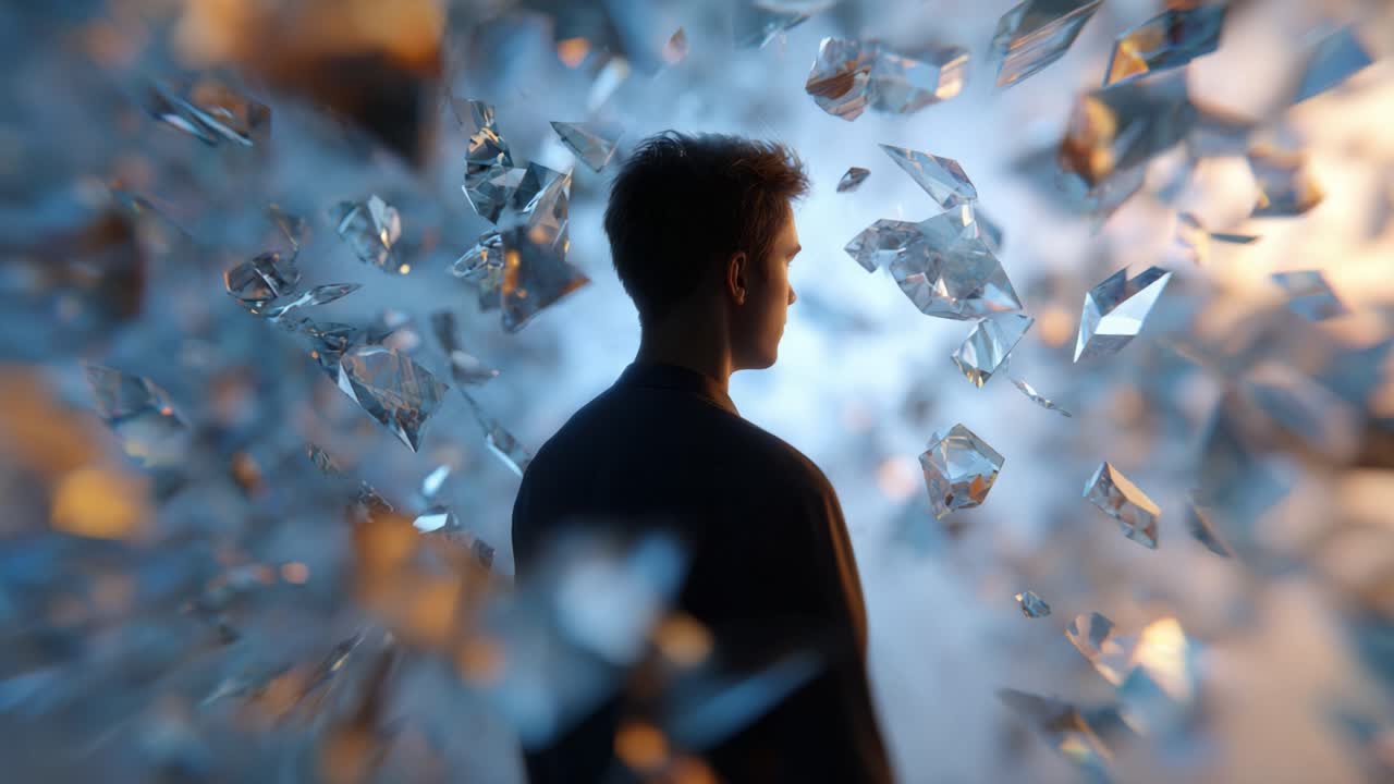 A figure stands amidst a mesmerizing scene of shattered crystals and luminous shards, creating an ethereal backdrop that encapsulates wonder and introspection