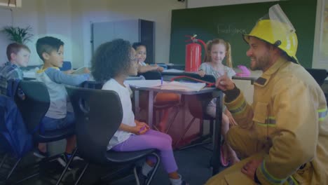 Animation-of-flickering-lights-over-caucasian-smiling-fireman-with-school-children