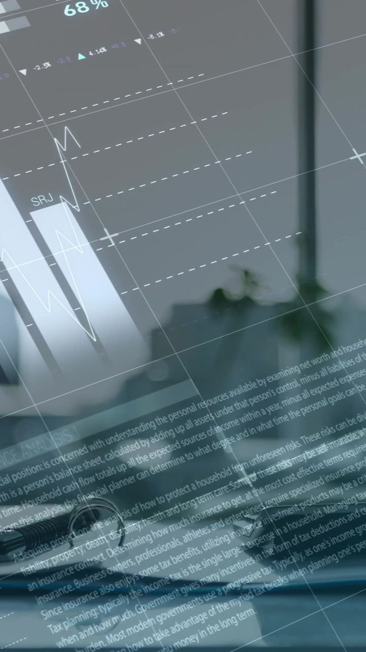 Video composito digitale di elaborazione dati statistici e finanziari in un ufficio vuoto