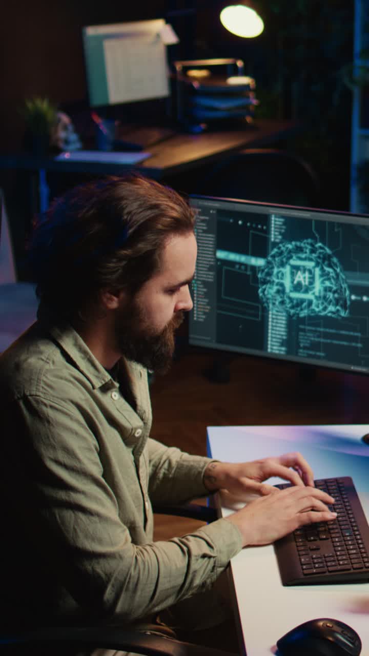 Focused Programmer Working on AI Software Late at Night