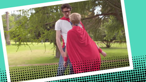 padre y su hijo jugando a los superhéroes en el parque