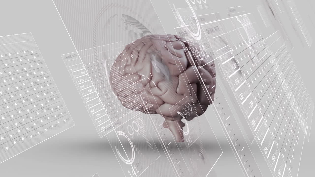 Animation of digital data and futuristic interface graphics surrounding human brain