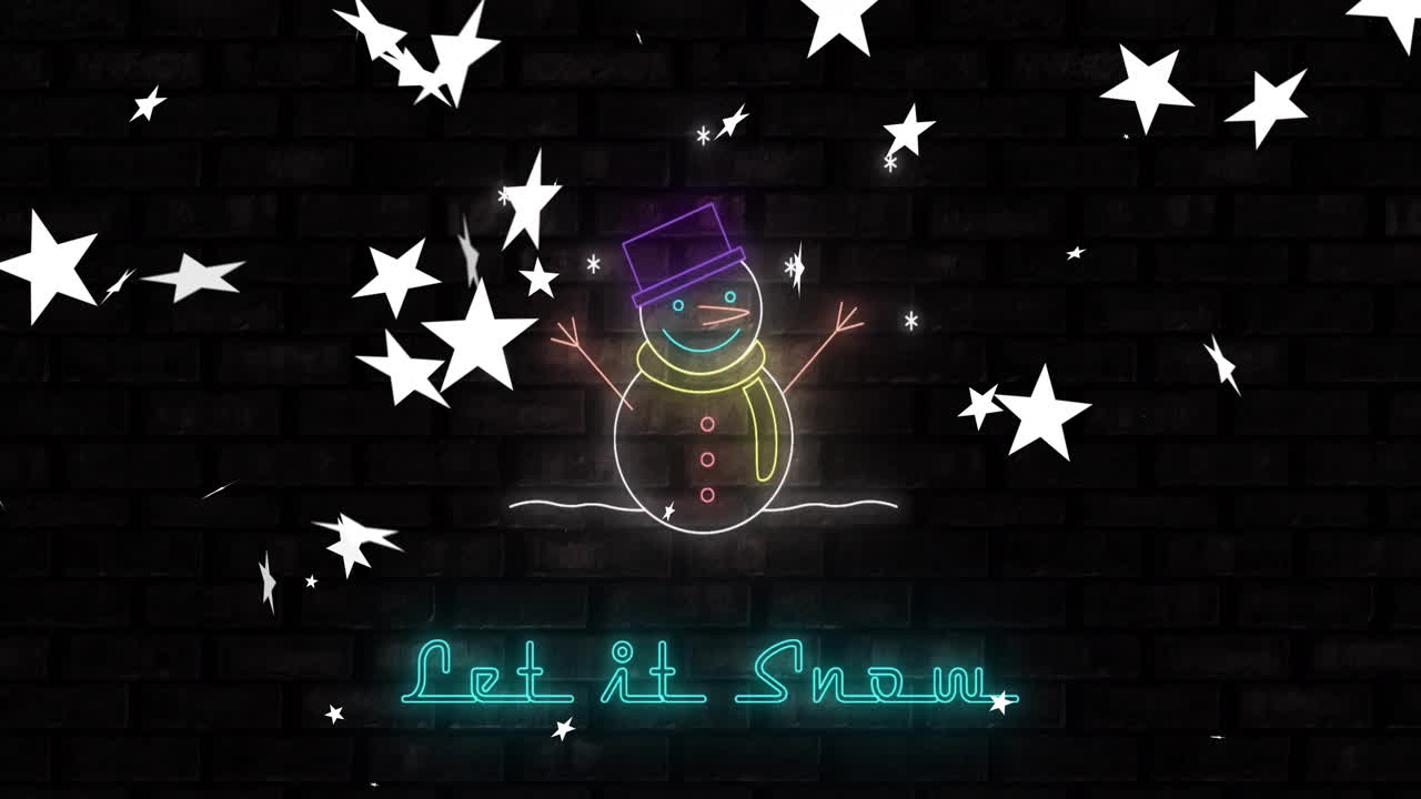 Neon snowman with stars and Let it Snow text animation over brick wall