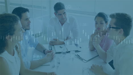 discussing strategies, business team analyzing financial data with animation overlay