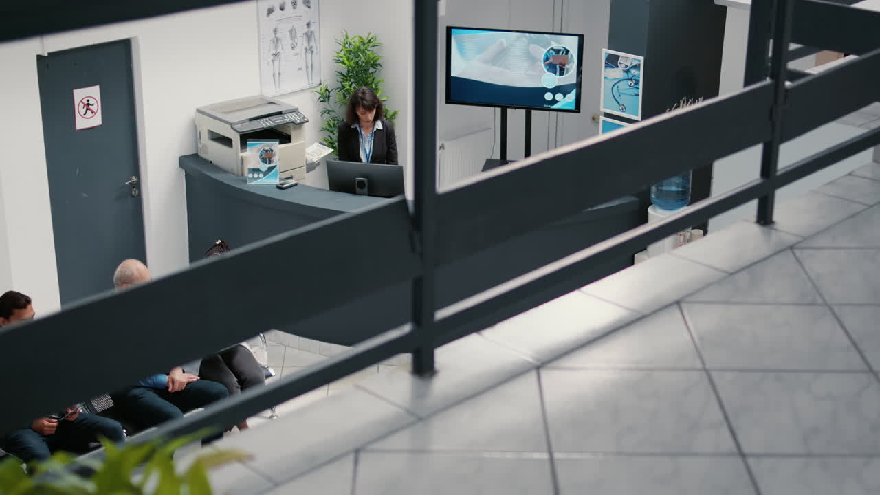 Hospital Waiting Room with Doctors, Patients, and Reception Area