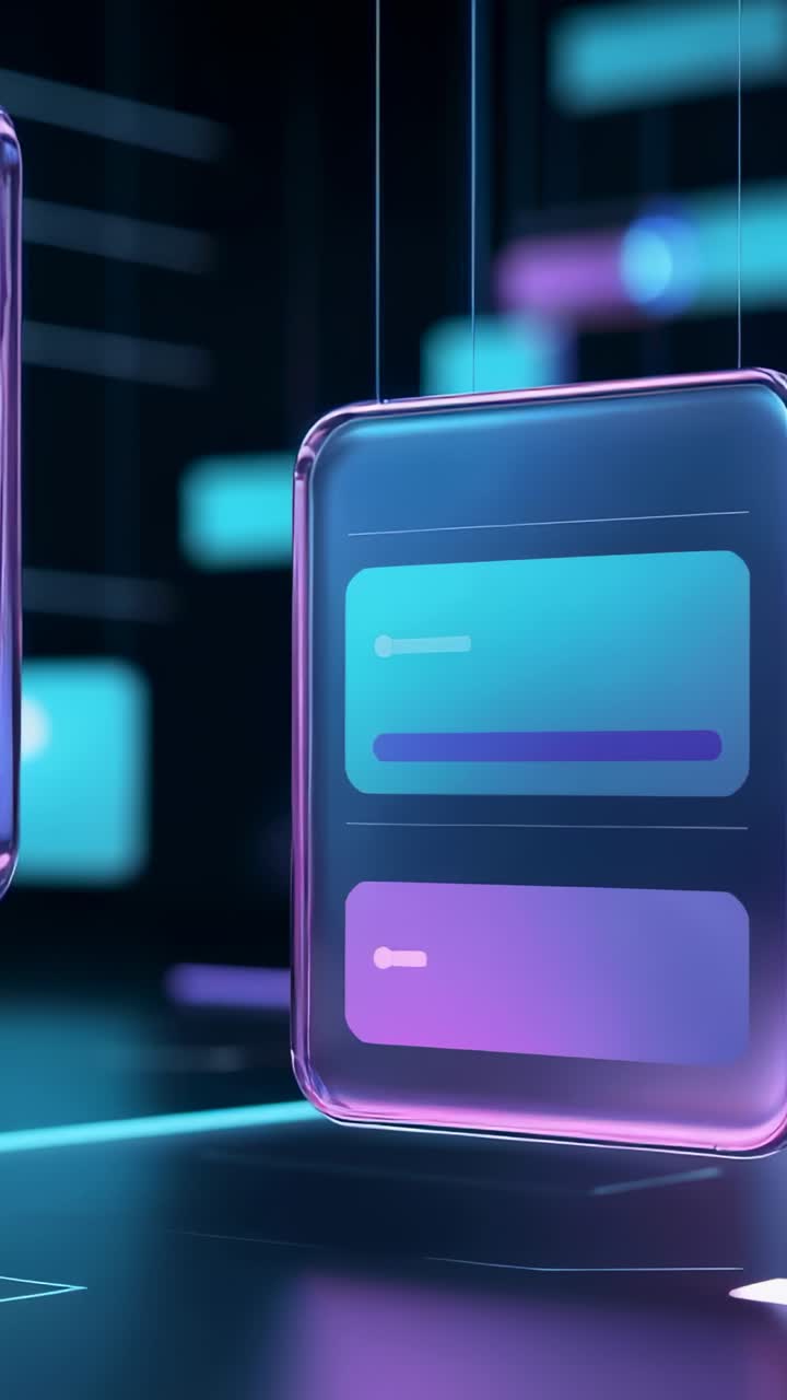 Vertical video: Floating UI panel rotating in neon grid, pulsing loading bars and filling white bar